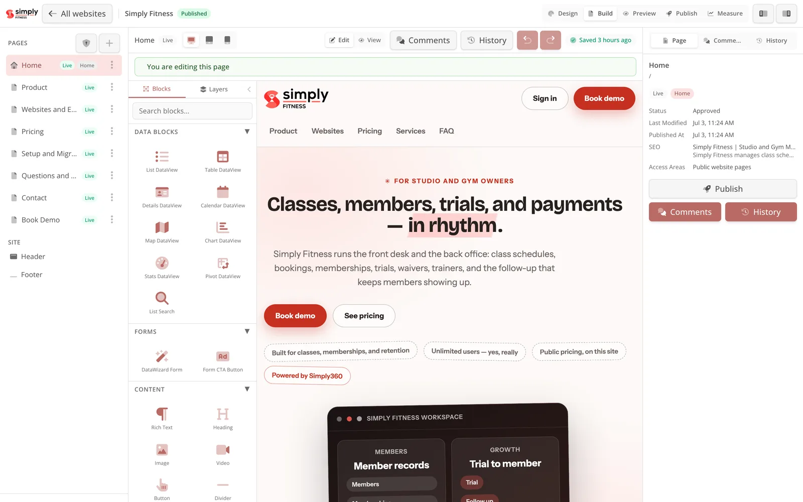 The Simply Fitness website open in Website Studio.
