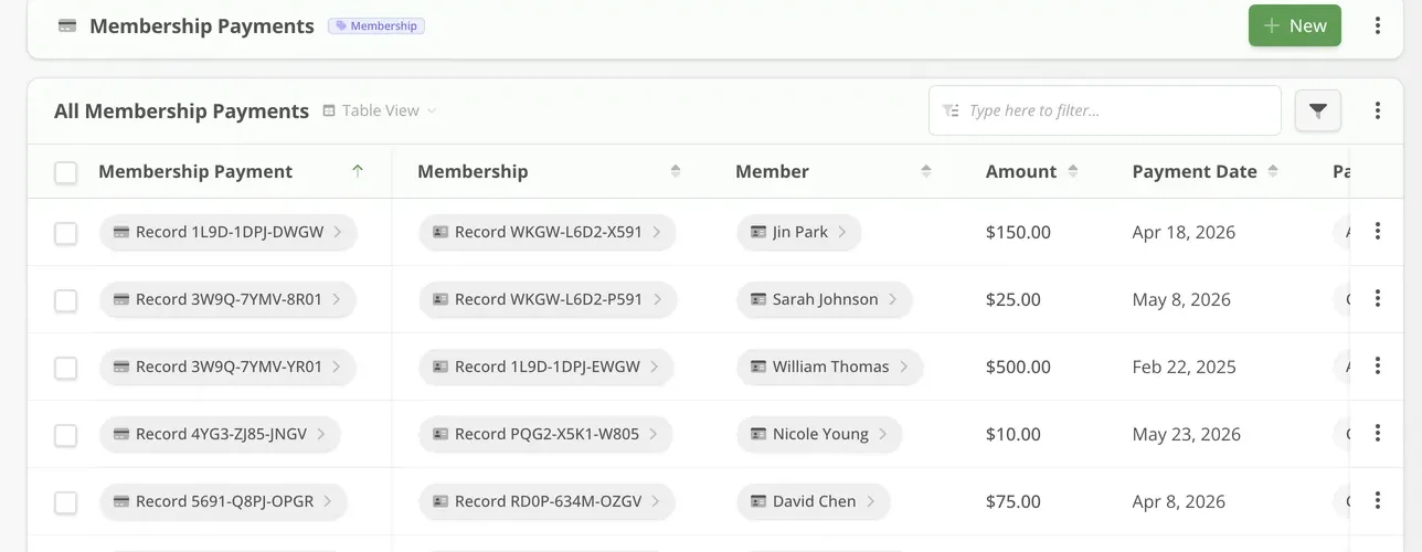 Payment records in Simply Fitness.
